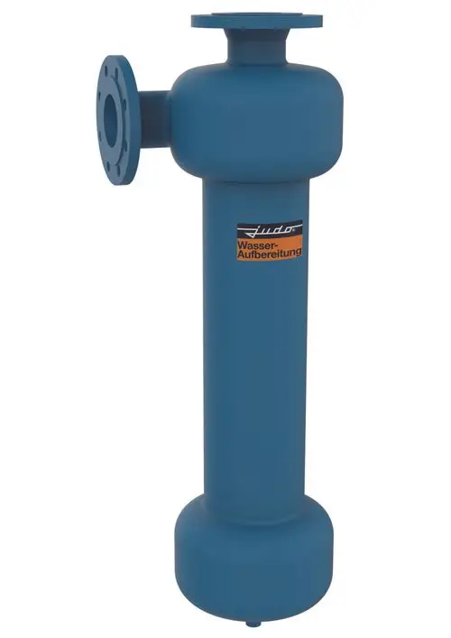 Blauer Zentrifugalabscheider mit flanschartigen Anschlüssen. Geprägt mit dem Judo-Logo und dem Schriftzug „Wasser-Aufbereitung“.